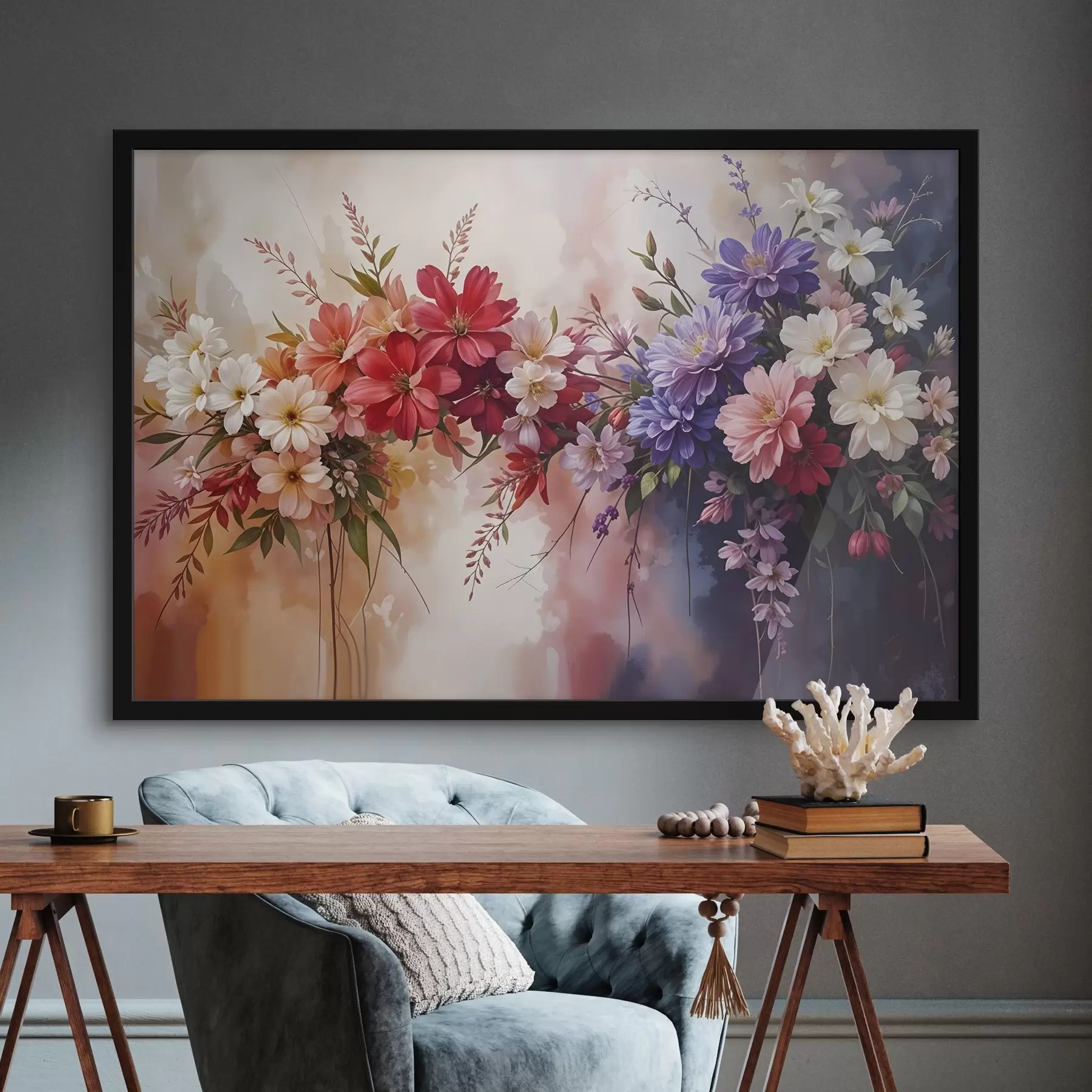 Fototapet Barevné květiny včetně červených, růžových a fialových jiřinek, sedmikrásek a dalších květů na jemném, rozostřeném pozadí f42234