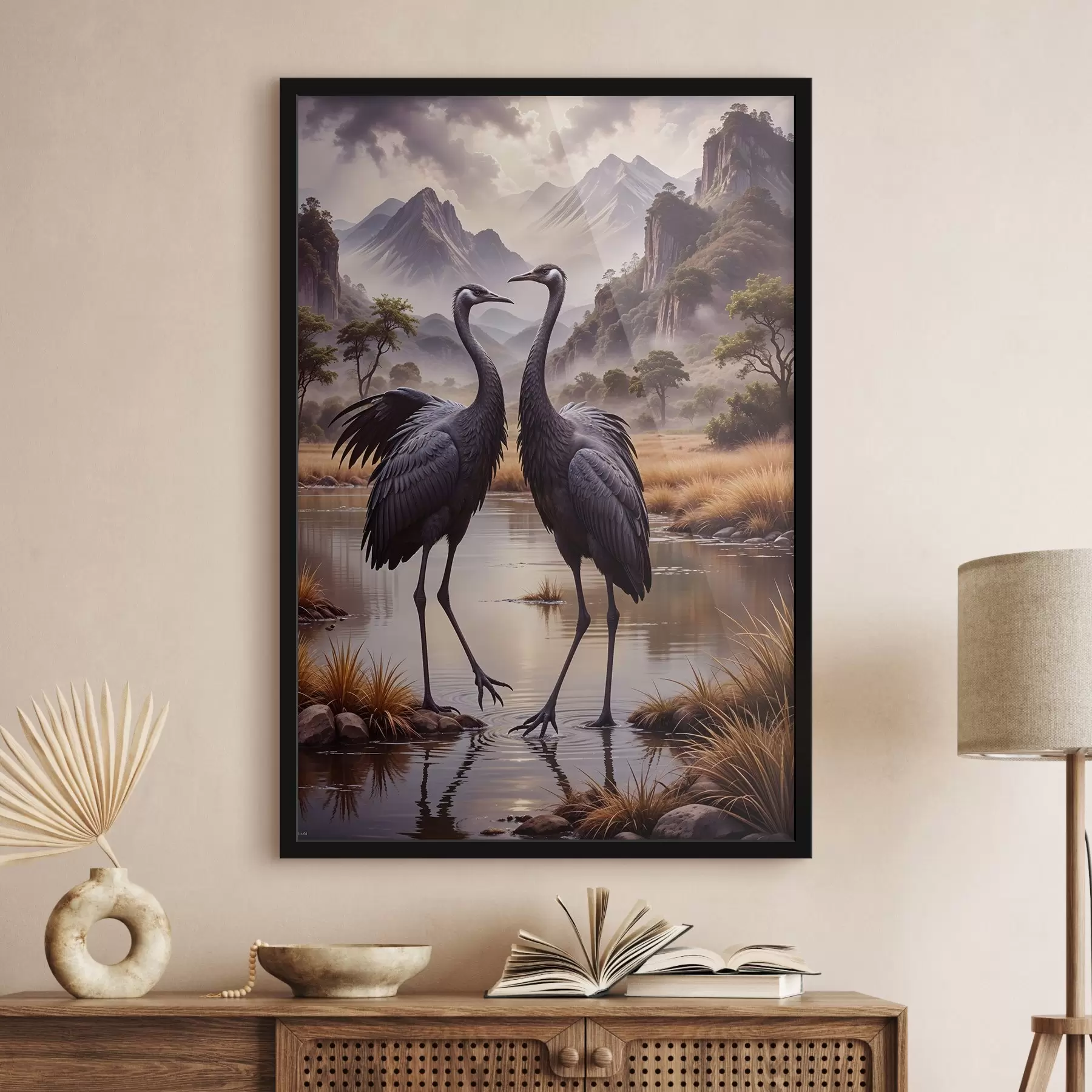 Fototapet Dva velcí černí jeřábi stojící v mělkém rybníku , s hornatou krajinou v pozadí f42240