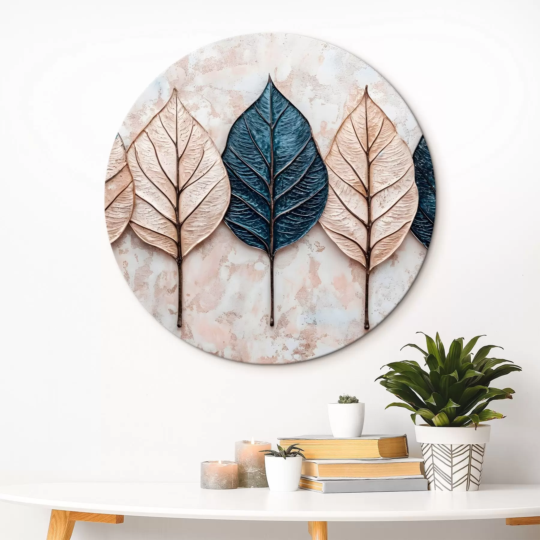 Obraz Různé podzimní abstraktní listy v různých odstínech hnědé, béžové a modré barvy uspořádané v řadě na světlém pozadí Č. r42217