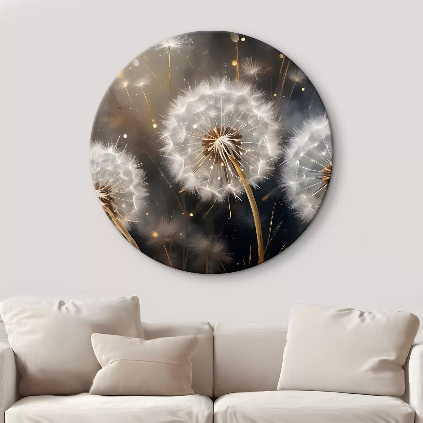 Obraz Květy pampelišek s nadýchanými bílými hlavičkami semen na tmavém pozadí vytvářejí kouzelnou atmosféru Č. r42235