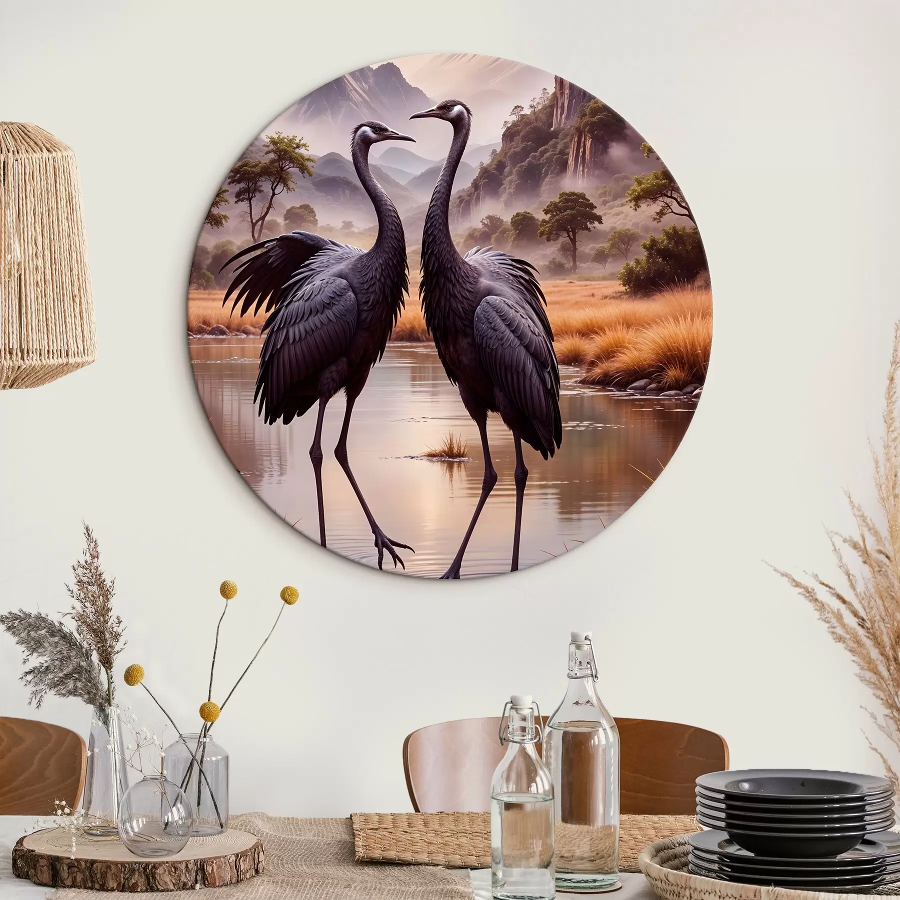 Obraz Dva velcí černí jeřábi stojící v mělkém rybníku , s hornatou krajinou v pozadí Č. r42240