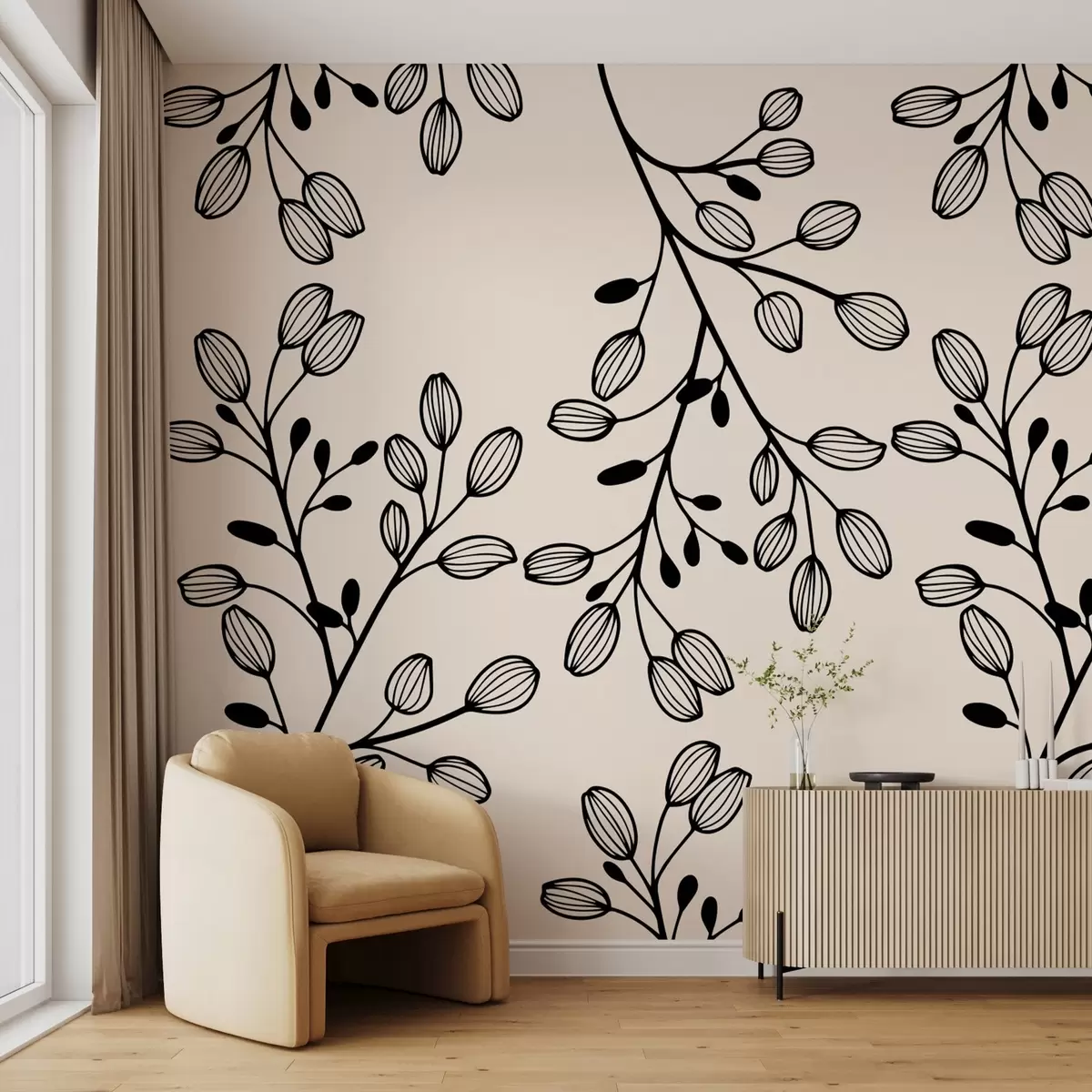 Fototapet malované větvičky na béžovém pozadí w02665