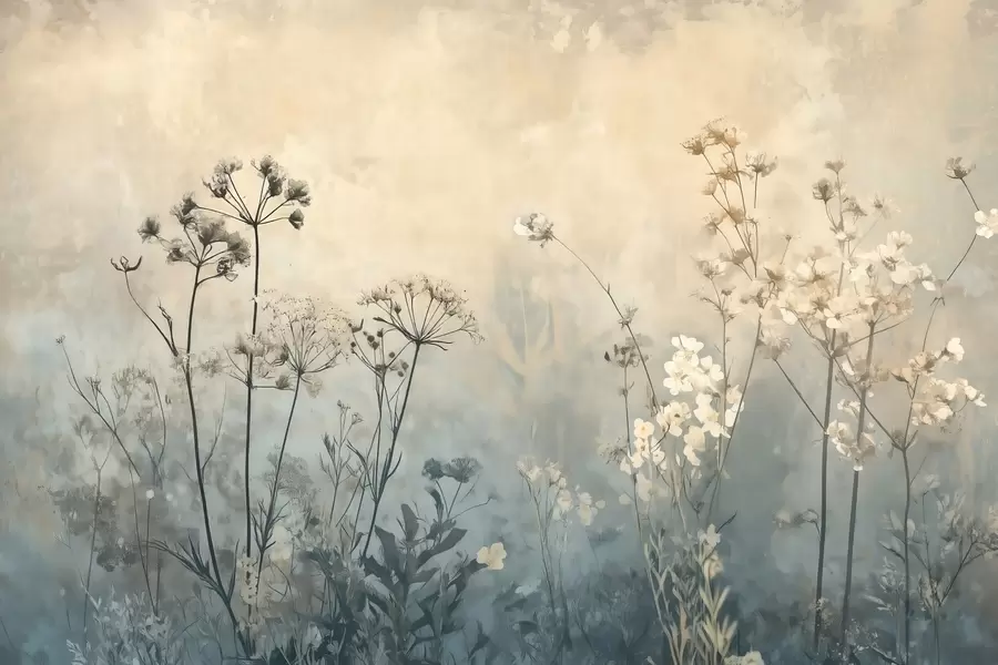 Fototapet tapeta v ekologickém stylu s divokými květinami a rostlinami na texturovaném pozadí w02685