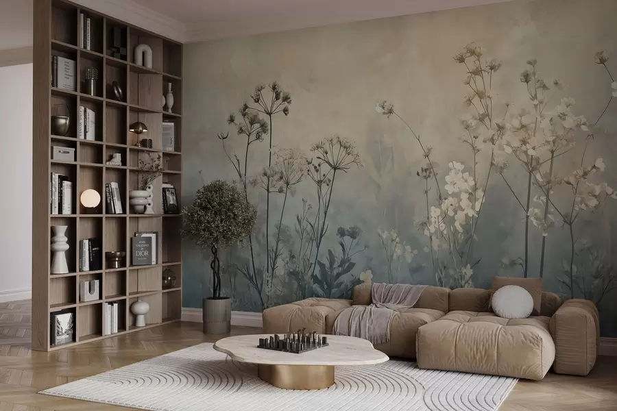 Fototapet tapeta v ekologickém stylu s divokými květinami a rostlinami na texturovaném pozadí w02685