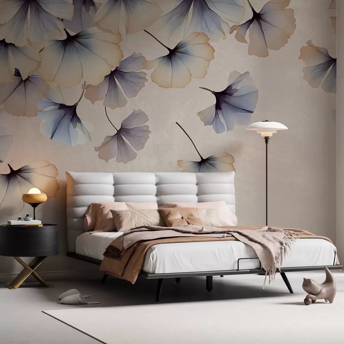 Fototapet Pastelově modré a béžové listy ginkga s jemnými okvětními lístky vznášejícími se ve vzduchu na texturovaném pozadí w08578