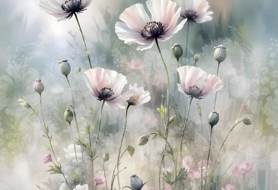 Fototapet Jemné růžové a fialové máky se zelenými stonky a poupaty na jemném, rozmazaném pozadí s texturou w08585