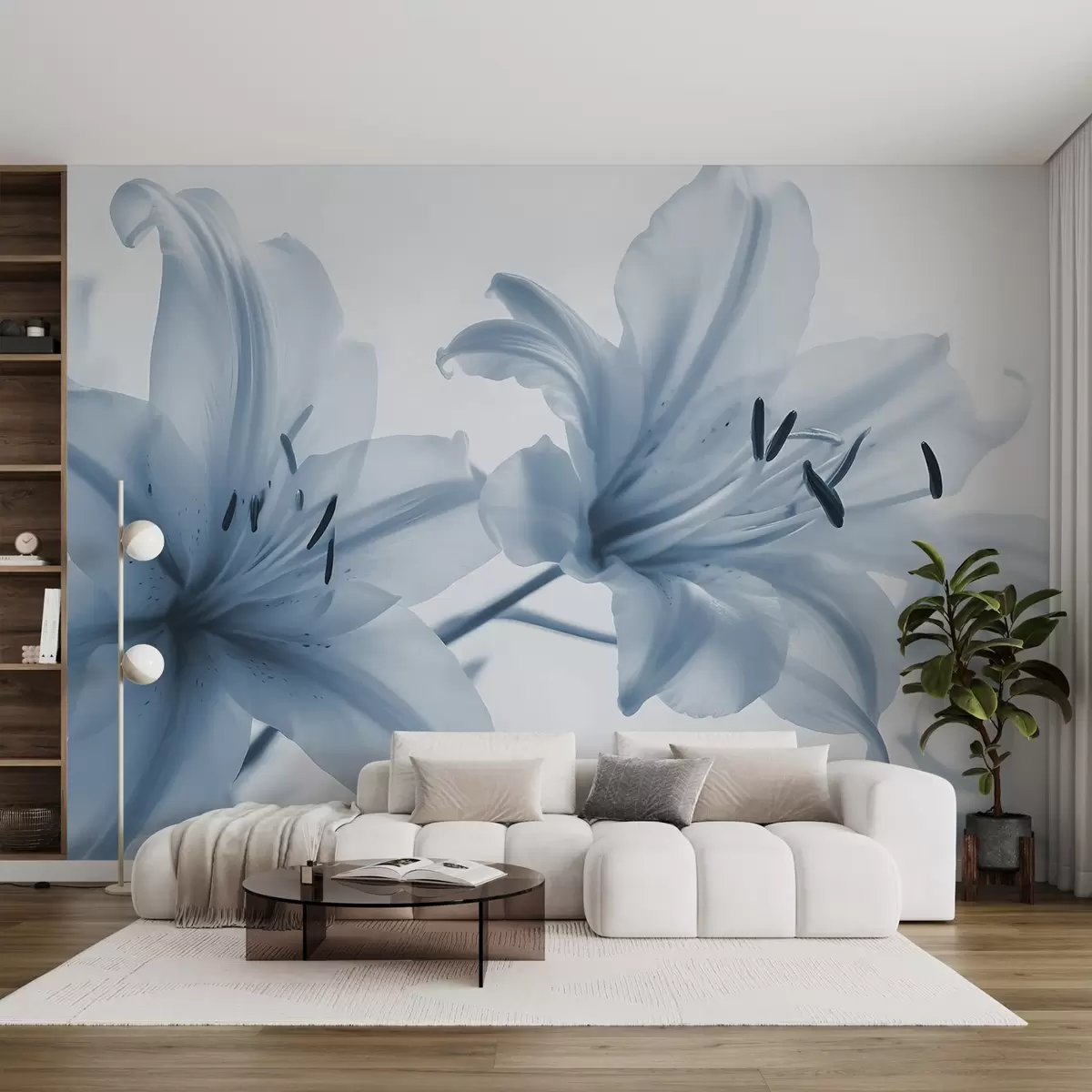 Fototapet Měkké zaostření detailního záběru modrých minimalistických květů lilie na světlém pozadí w08586