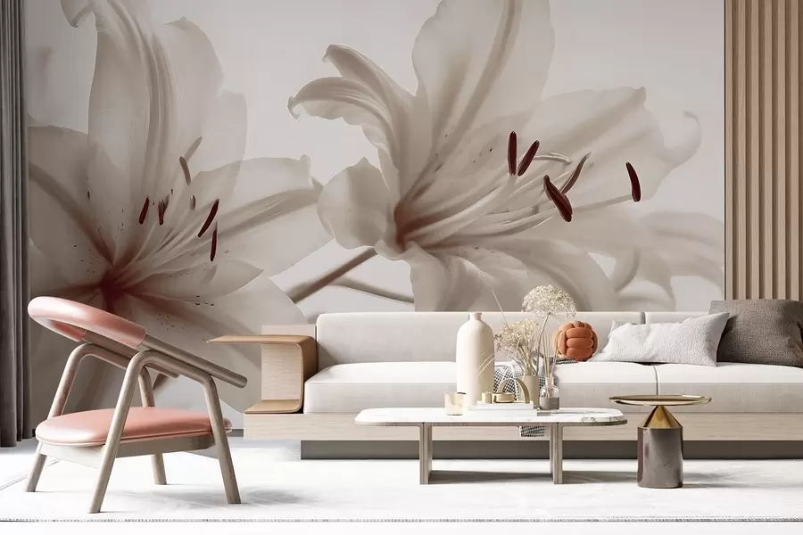 Fototapet Měkké zaostření detailního záběru béžových minimalistických květů lilie na světlém pozadí w08586v1