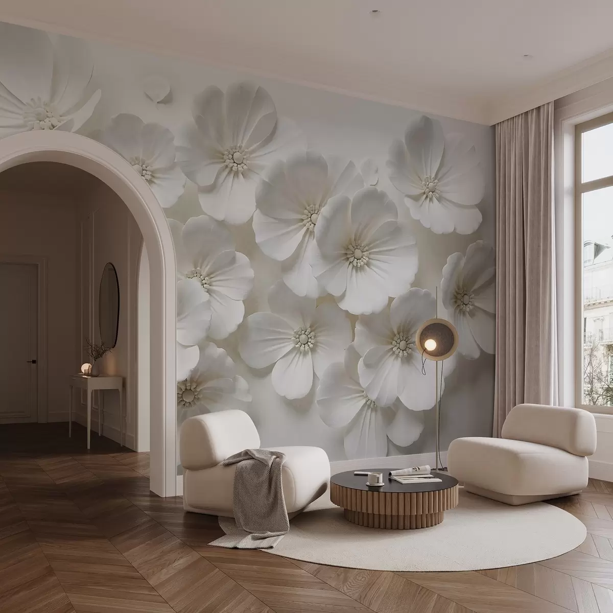 Fototapet Bílé květy s jemnými okvětními lístky a středy na světlém pozadí w08587