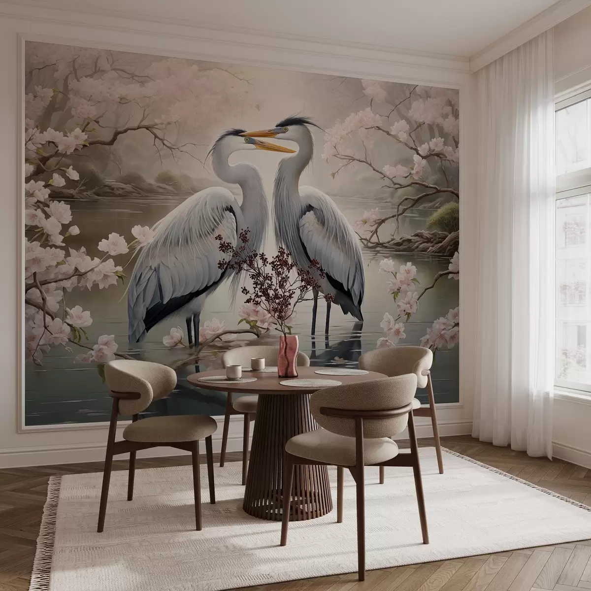 Fototapet Pár čápů v rozkvetlé zahradě w02621