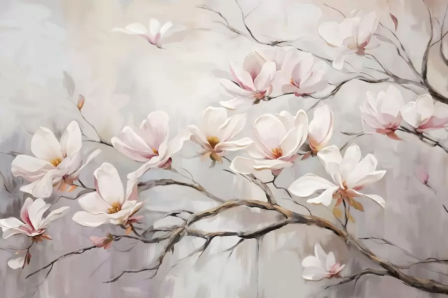 Fototapet Jemné růžové květy magnólie kvetoucí na holých větvích stromů na jemném, mlhavém pozadí w08589