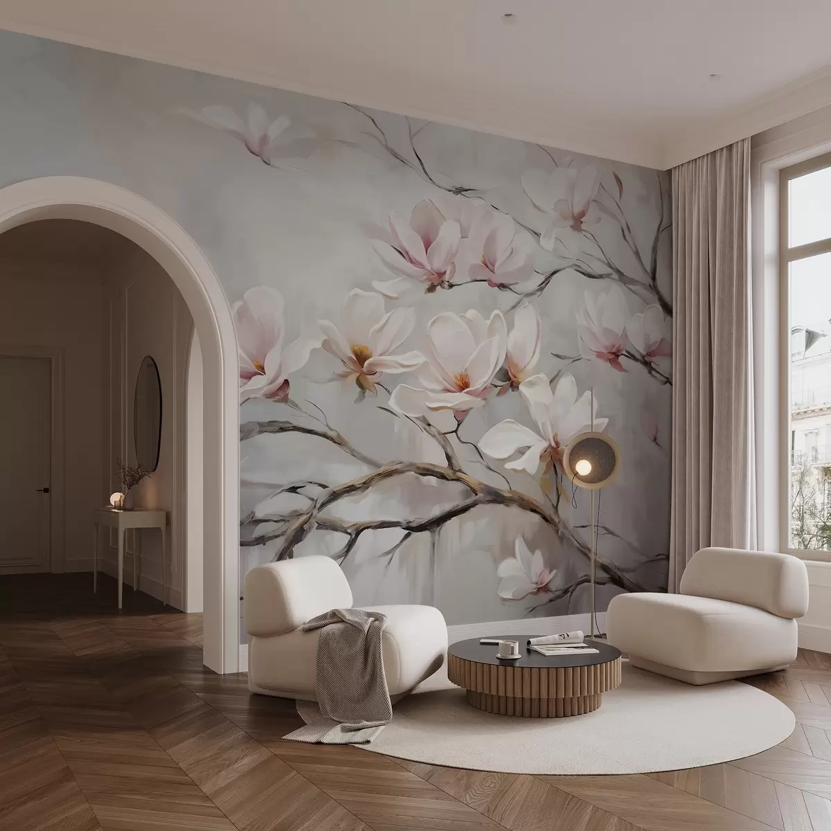 Fototapet Jemné růžové květy magnólie kvetoucí na holých větvích stromů na jemném, mlhavém pozadí w08589