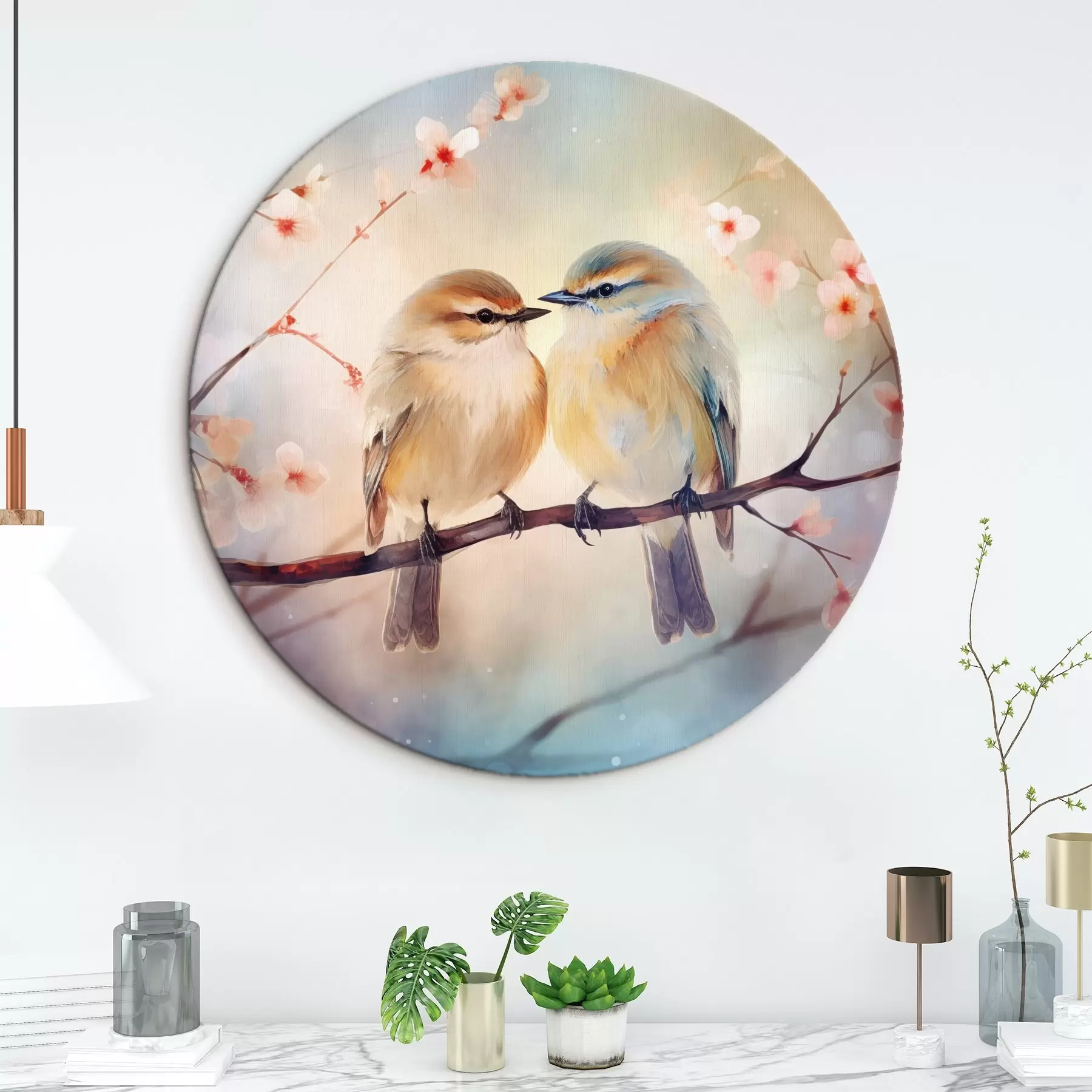 Obraz Na rozkvetlé větvi sedí pár ptáků Č. r41476