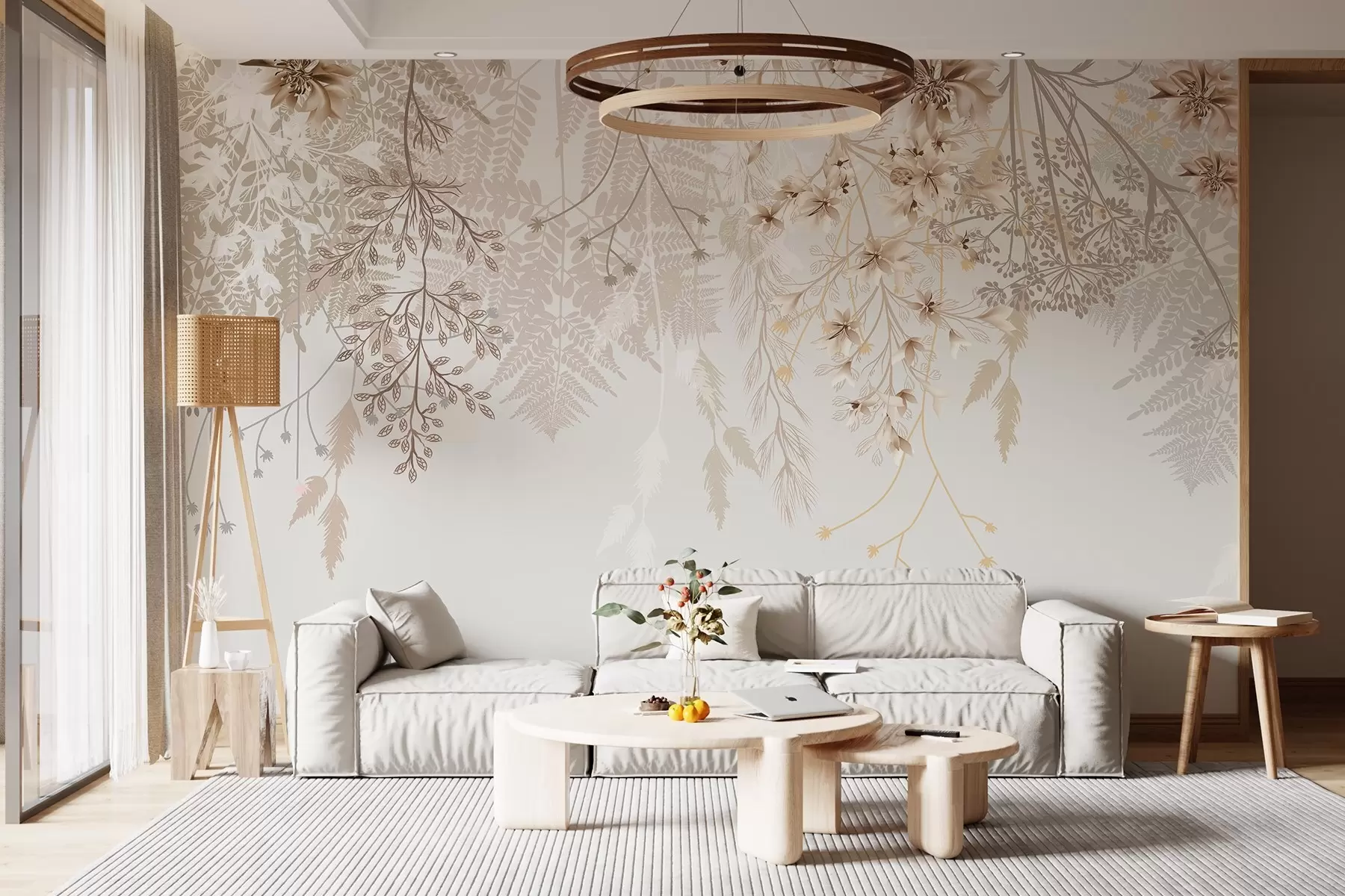 Fototapet Jemné květinové větvičky a tráva s bílými, šedými a béžovými květy kaskádovitě padajícími na světlé pozadí w08598