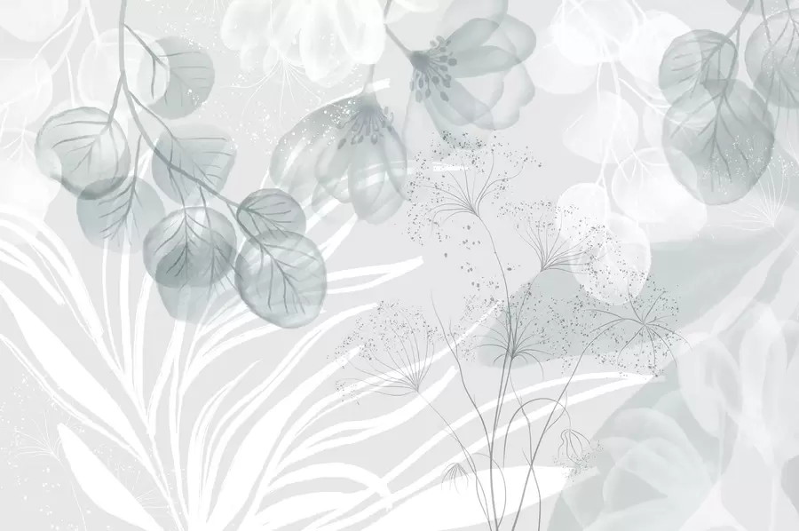 Fototapet Květinové prvky eukaliptu v modrých a bílých odstínech s překrývajícími se listy a okvětními lístky v minimalistickém stylu w08599