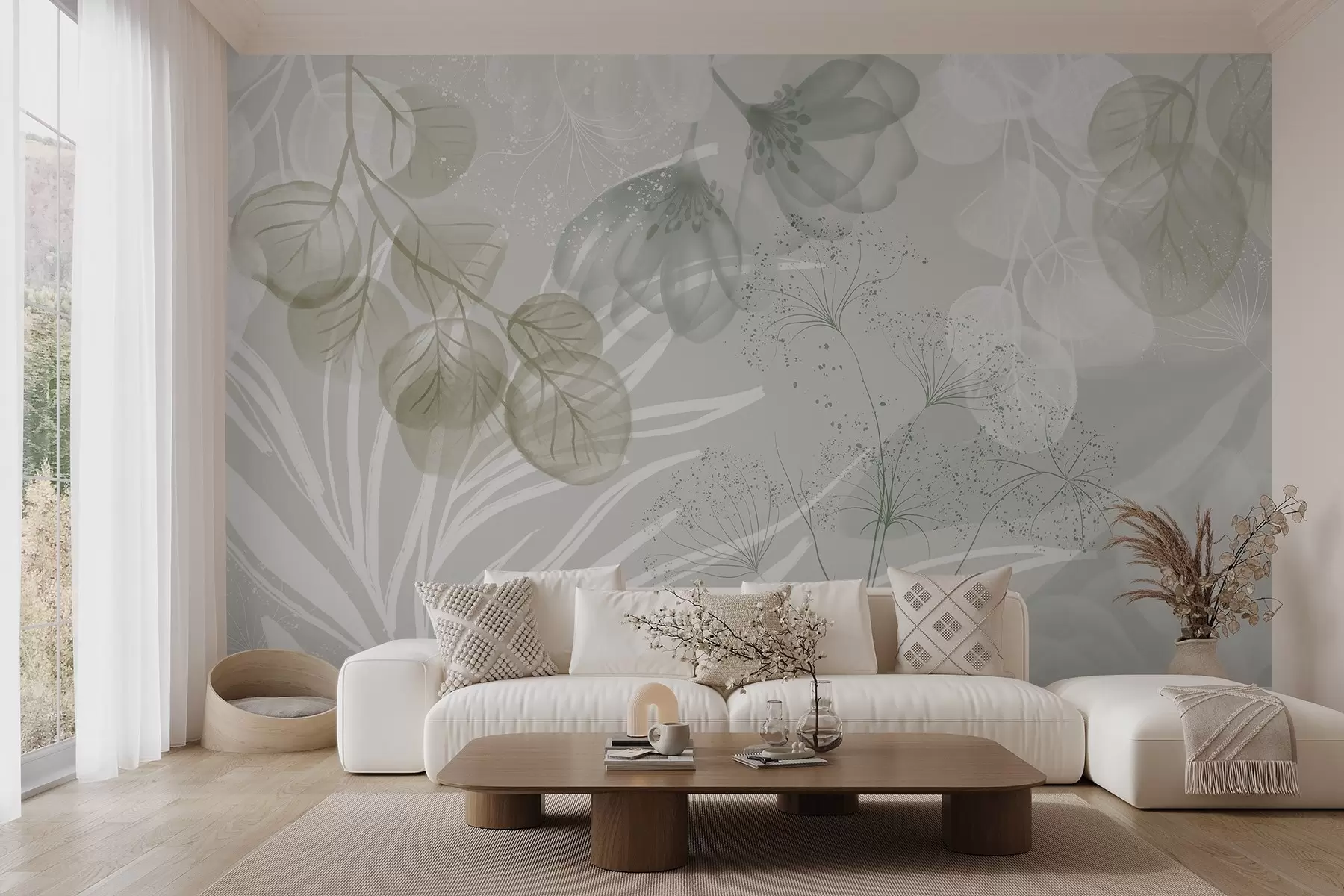 Fototapet Květinové prvky eukaliptu v zelených a bílých odstínech s překrývajícími se listy a okvětními lístky v minimalistickém stylu w08599v1