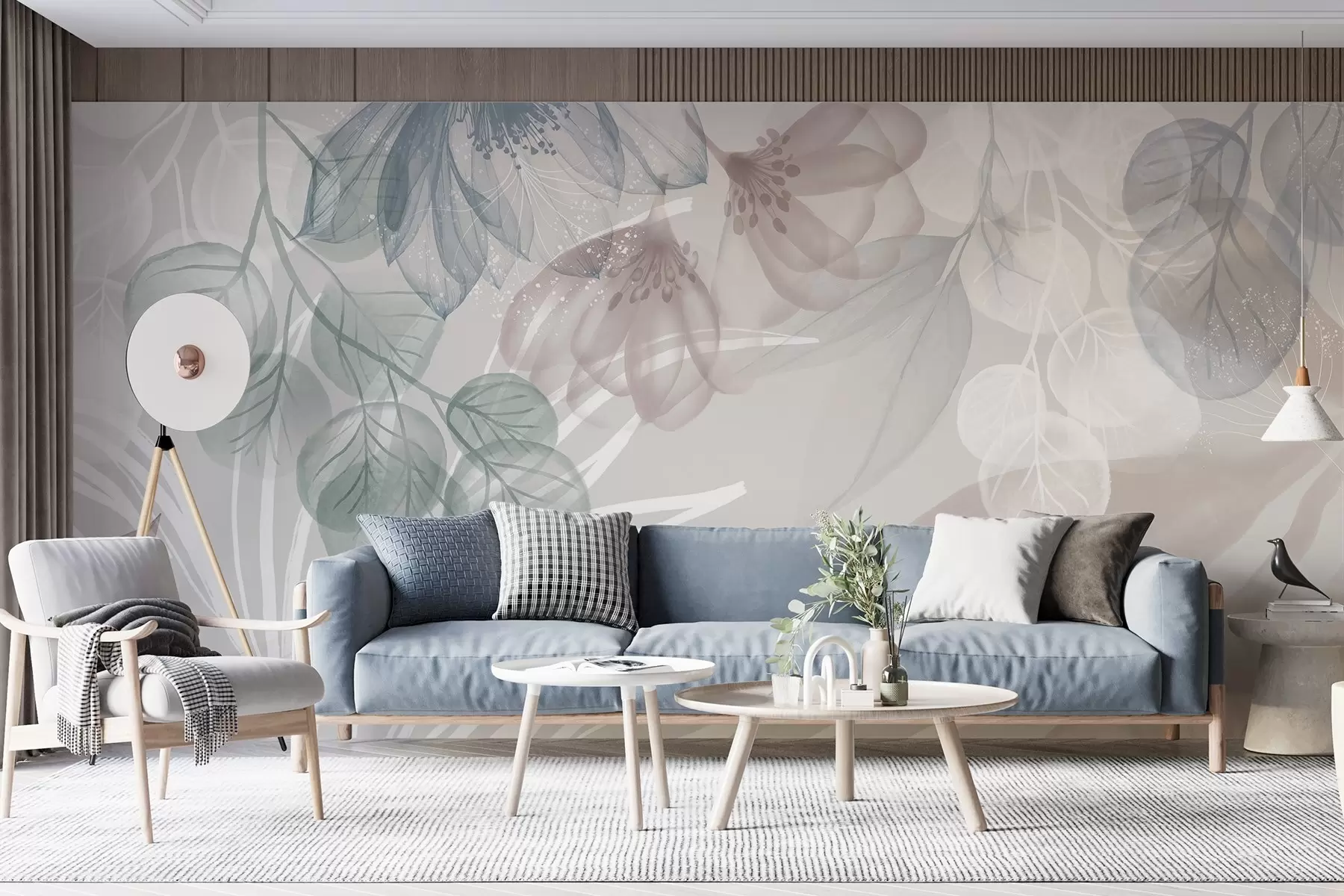 Fototapet Pastelový květinový potisk s průhlednými velkými abstraktními květy a listy v odstínech šedé, růžové a zelené w08600