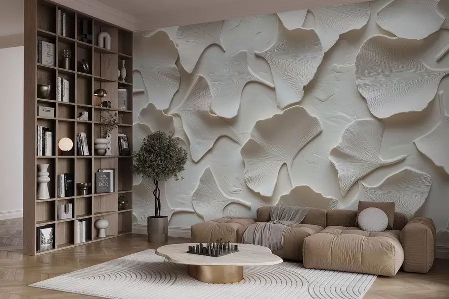 Fototapet Štuk s jemným reliéfem listů ginkga na bílém pozadí w08560v1