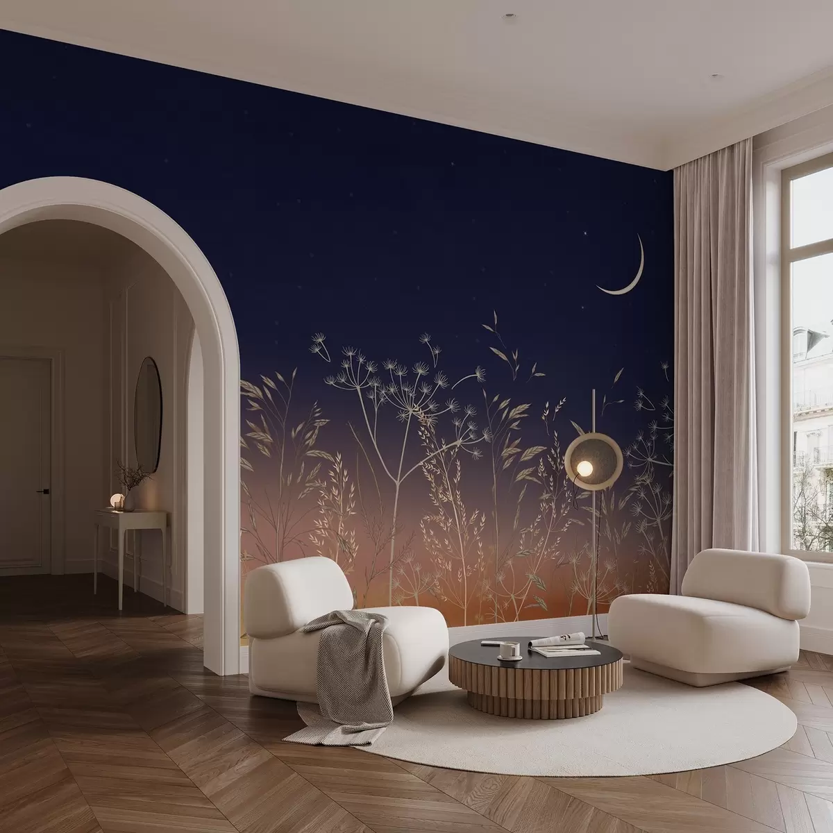 Fototapet Pampelišky s divokými květy na pozadí západu slunce s modrou oblohou a měsícem w08567