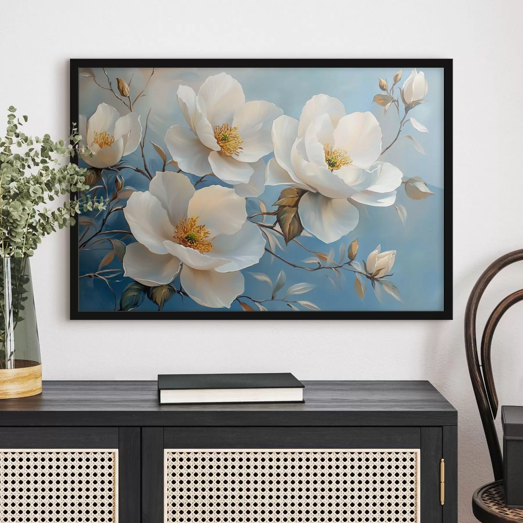 Fototapet Velké bílé květy na modrém pozadí f42321