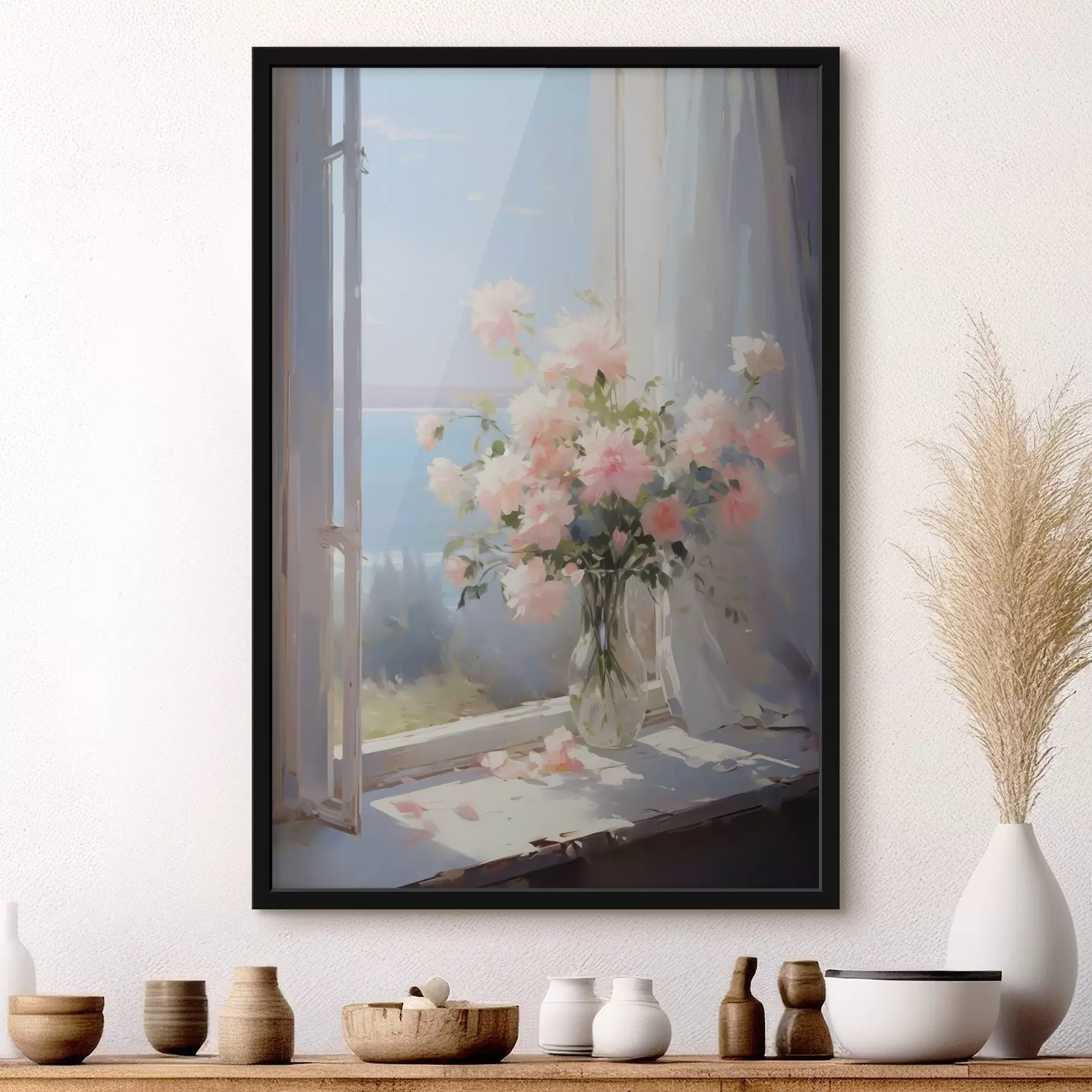 Obraz Kytice jemných květin ve skleněné váze imitující obraz Č. f42352