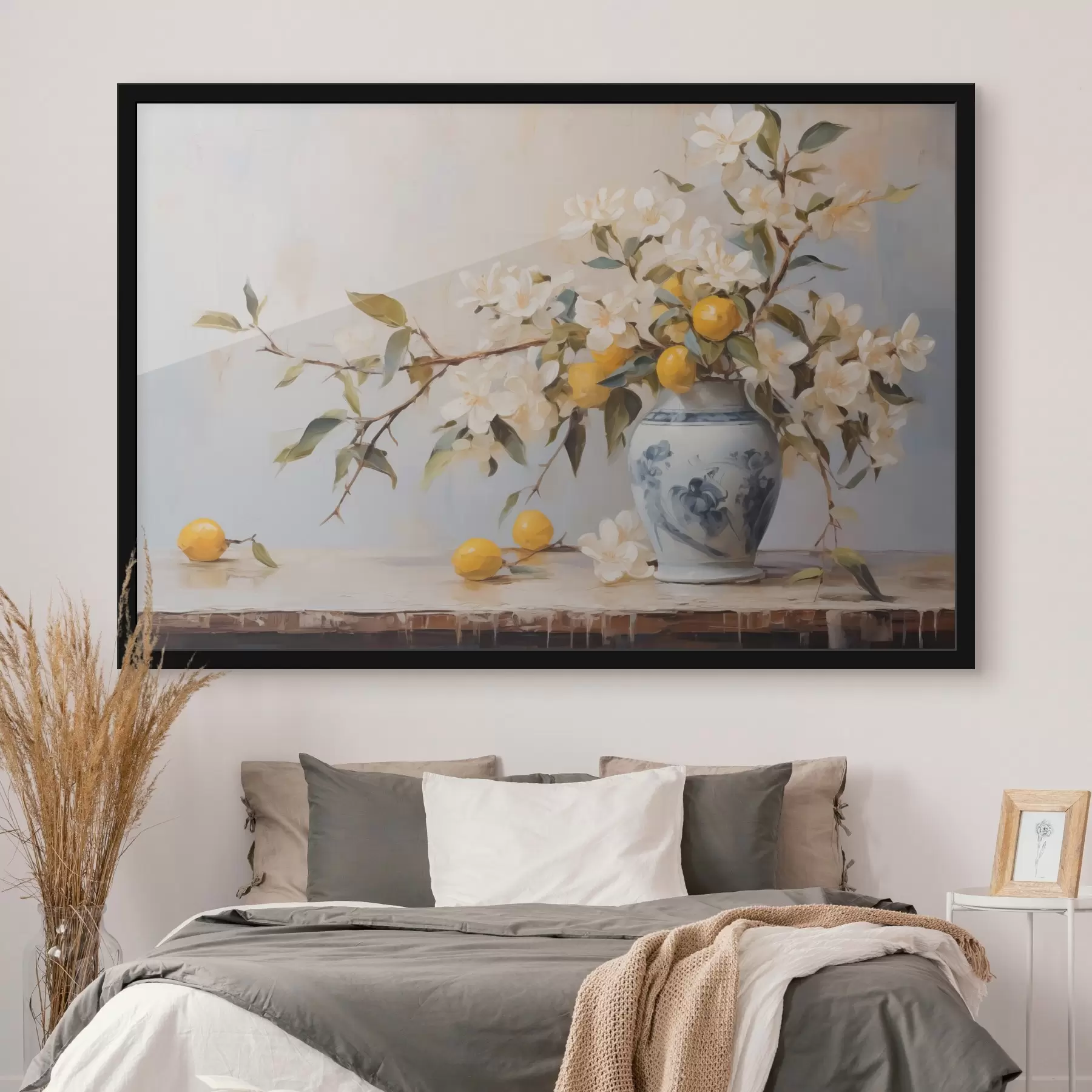 Fototapet Váza s větvičkami bílých květů a malbou imitující citron f42360