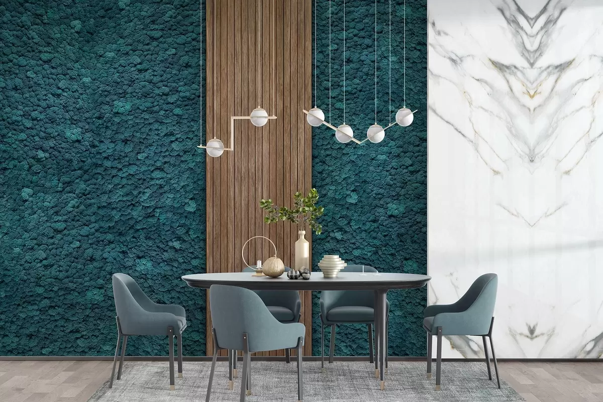 Fototapet Stěna v mechovém stylu s dřevěným panelem, svěží modré barvy w02656v2