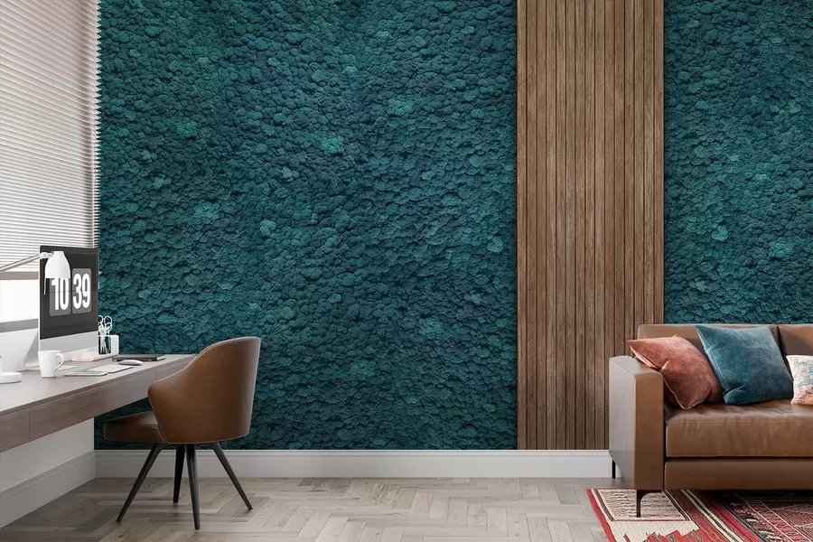 Fototapet Stěna v mechovém stylu s dřevěným panelem, svěží modré barvy w02656v2