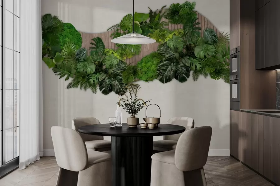 Fototapet Květinový panel s palmovými listy, mechem a dřevěným pozadím w02717