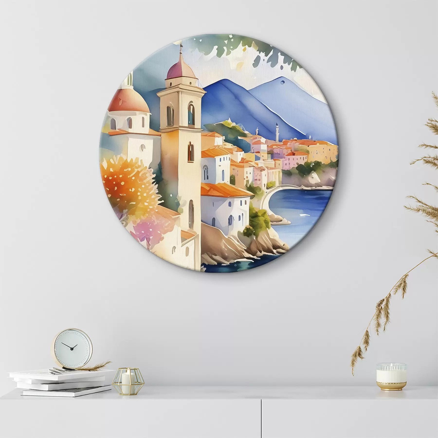 Obraz Akvarel zobrazující město na břehu vodní nádrže Č. r38407