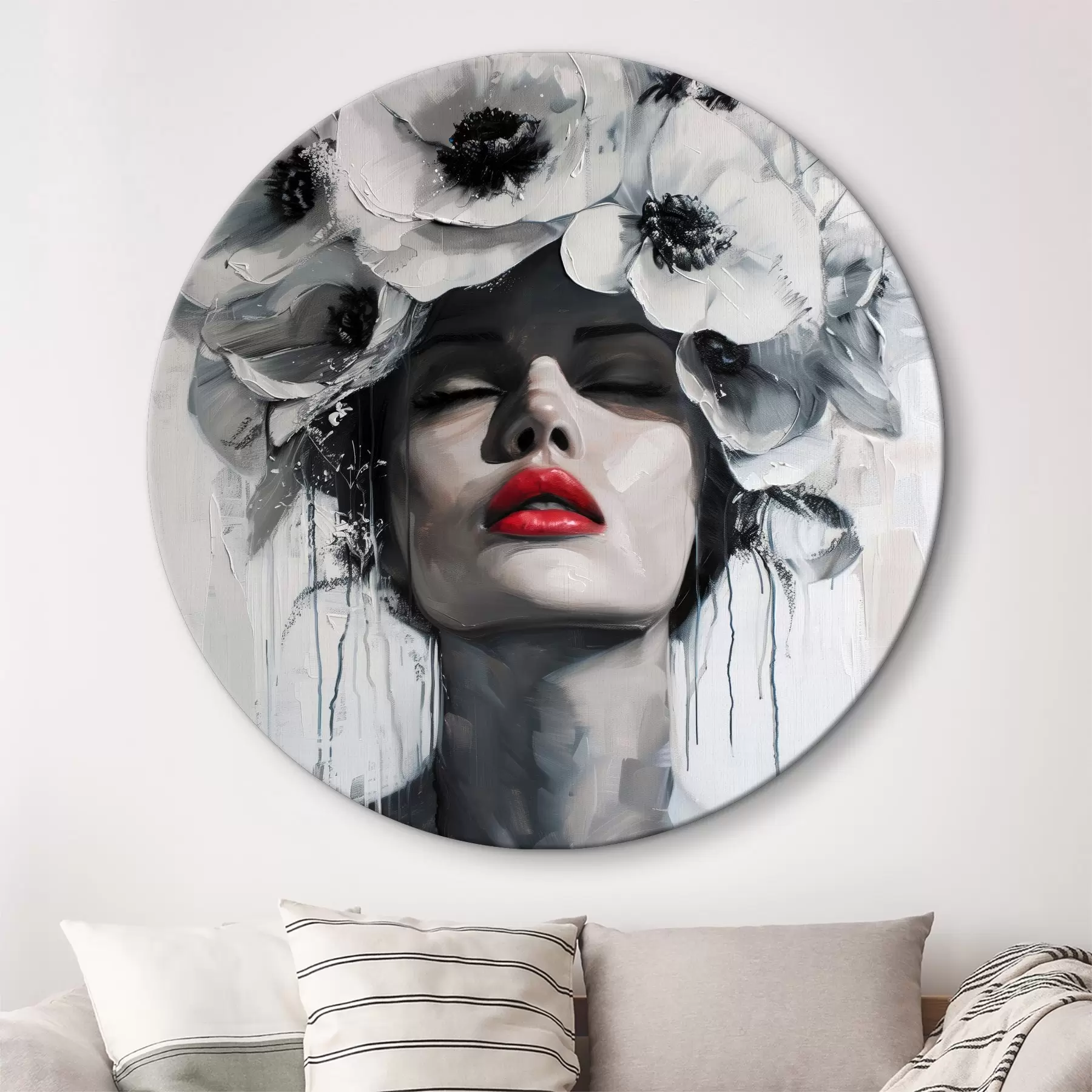 Obraz Portrét ženy s květinami ve vlasech a červenými rty Č. r39253