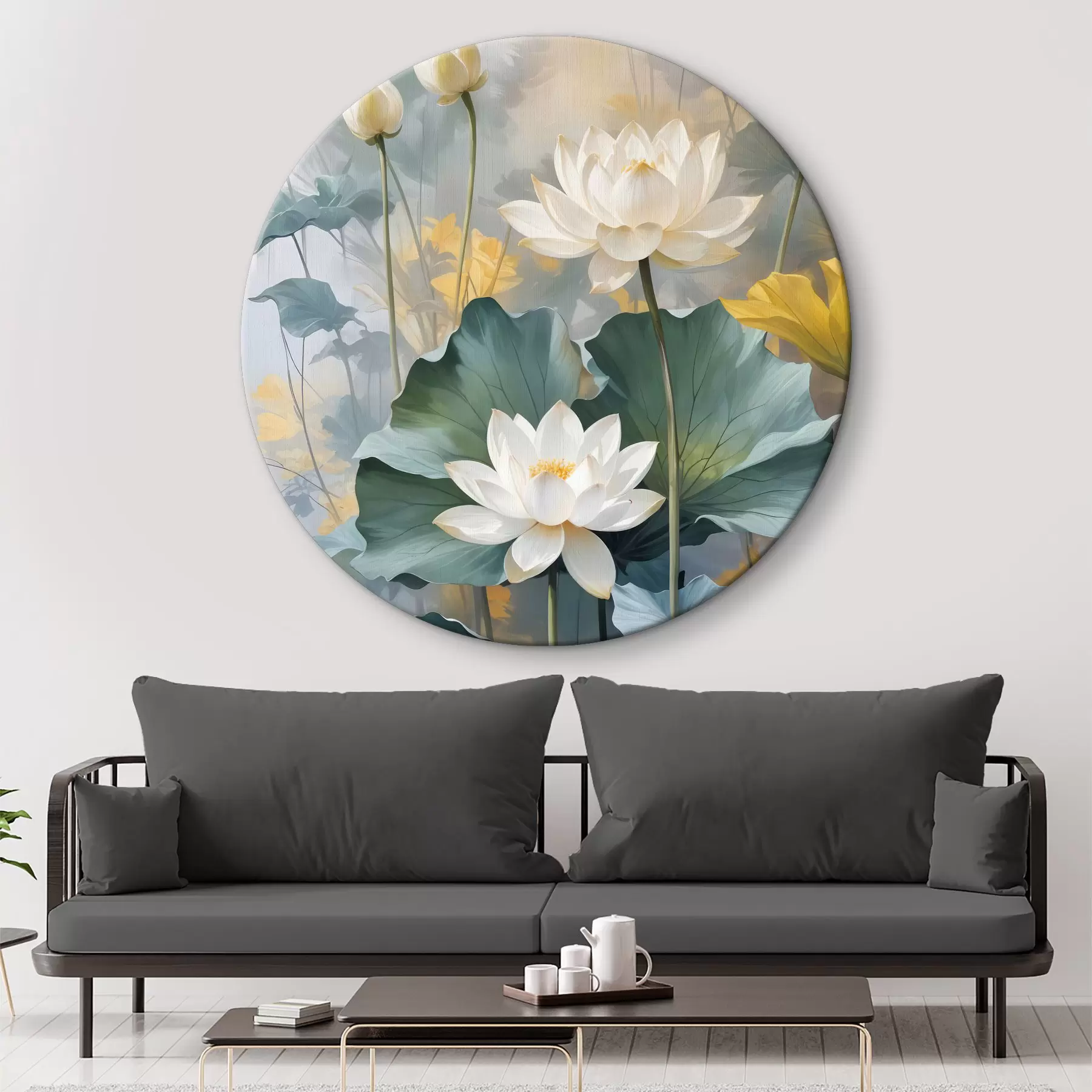 Obraz Bílé květy lotosu v rybníce se zelenými okvětními lístky leknínů, obklopené žlutými květy a rozmazaným pozadím Č. r40559