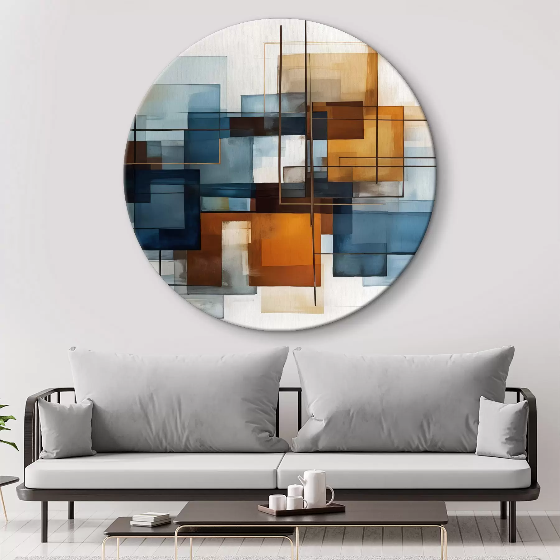 Obraz Abstraktní geometrické tvary v odstínech modré, oranžové a hnědé vytvářejí moderní minimalistickou kompozici. Č. r40563