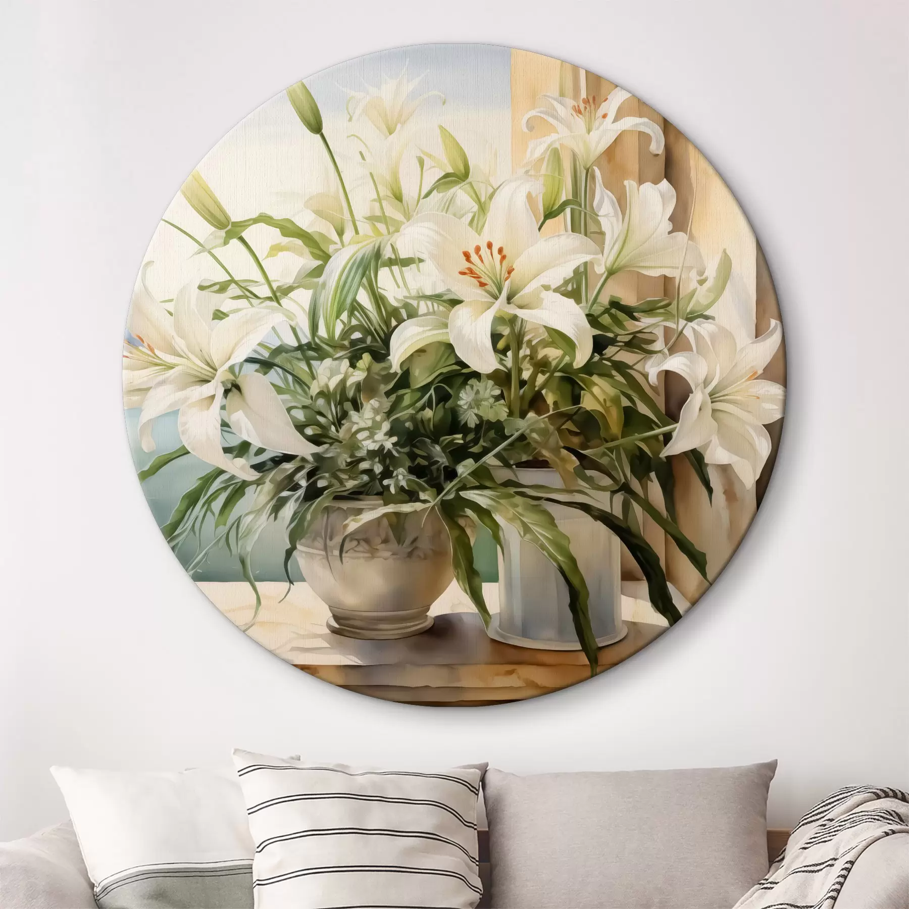 Obraz Bílé lilie ve váze na balkoně s výhledem na moře a hory akvarel Č. r40682