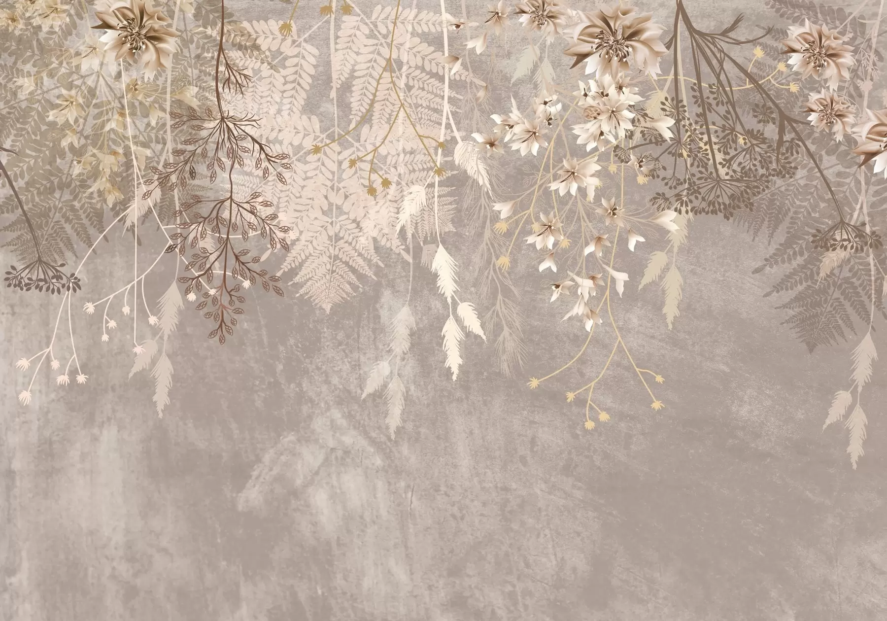 Fototapet Zasněné, jemné, chundelaté rostliny, klásky a květy v hnědých pastelových barvách na zamlženém, texturovaném pozadí w08606v1