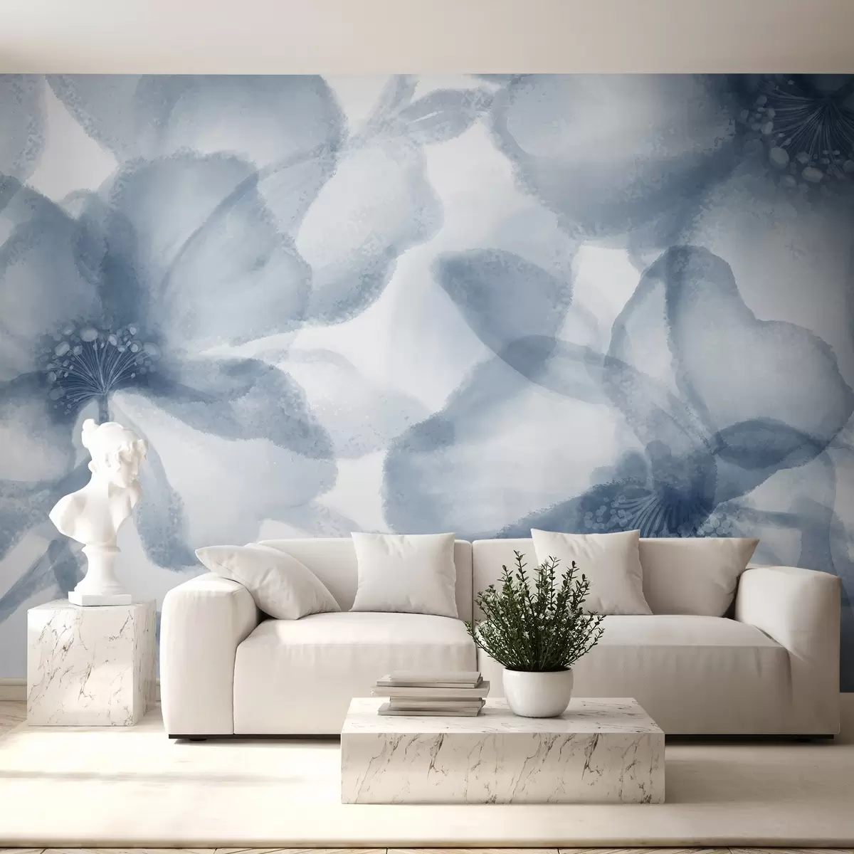 Fototapet Jemné, rozmazané abstraktní modré květy vytvářející klidný a uklidňující květinový potisk w08607