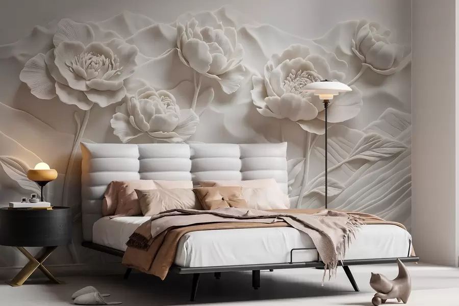Fototapet Bílá květinová imitace reliéfní plastiky s velkými detailními květy pivoněk na hladkém pozadí w08612