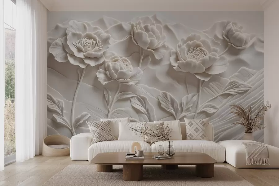 Fototapet Bílá květinová imitace reliéfní plastiky s velkými detailními květy pivoněk na hladkém pozadí w08612