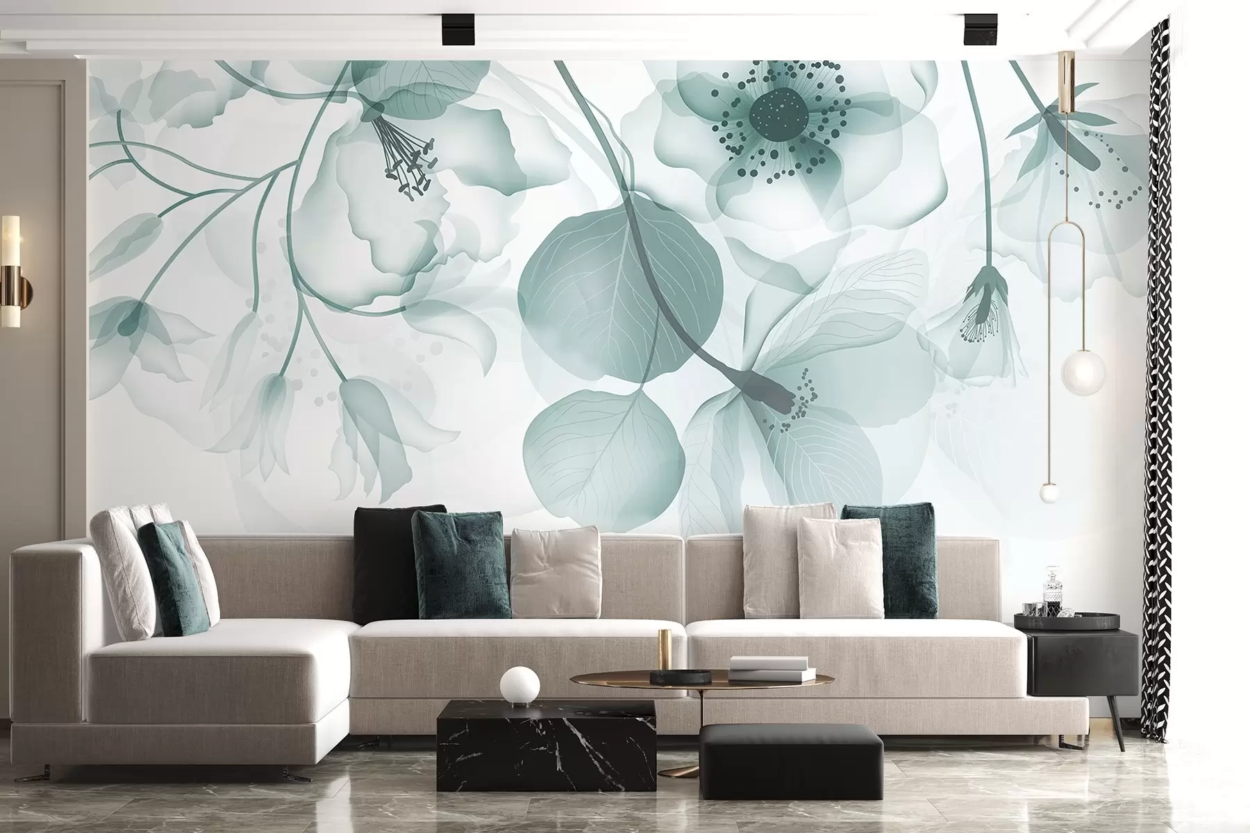 Fototapet Jemné tlumené tyrkysové průsvitné květy s jemnými okvětními lístky a tmavými středy na světlém pozadí w08613v1