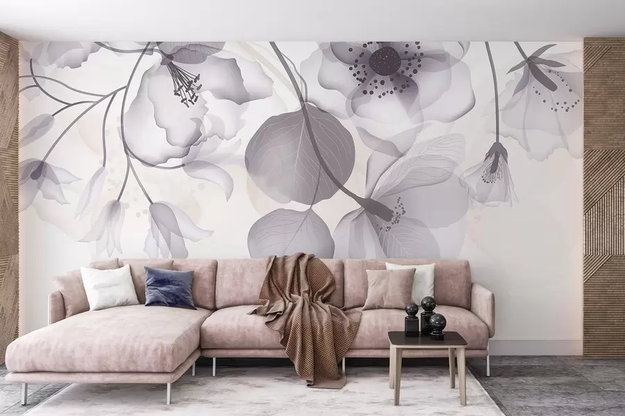 Fototapet Jemné šedé a béžové průsvitné květy s jemnými okvětními lístky a tmavými středy na světlém pozadí w08613v2