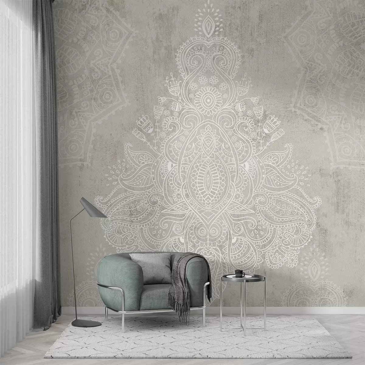 Fototapet Detailní, složitý potisk bílé krajky mandaly na světle béžovém abstraktním pozadí s texturou w08614