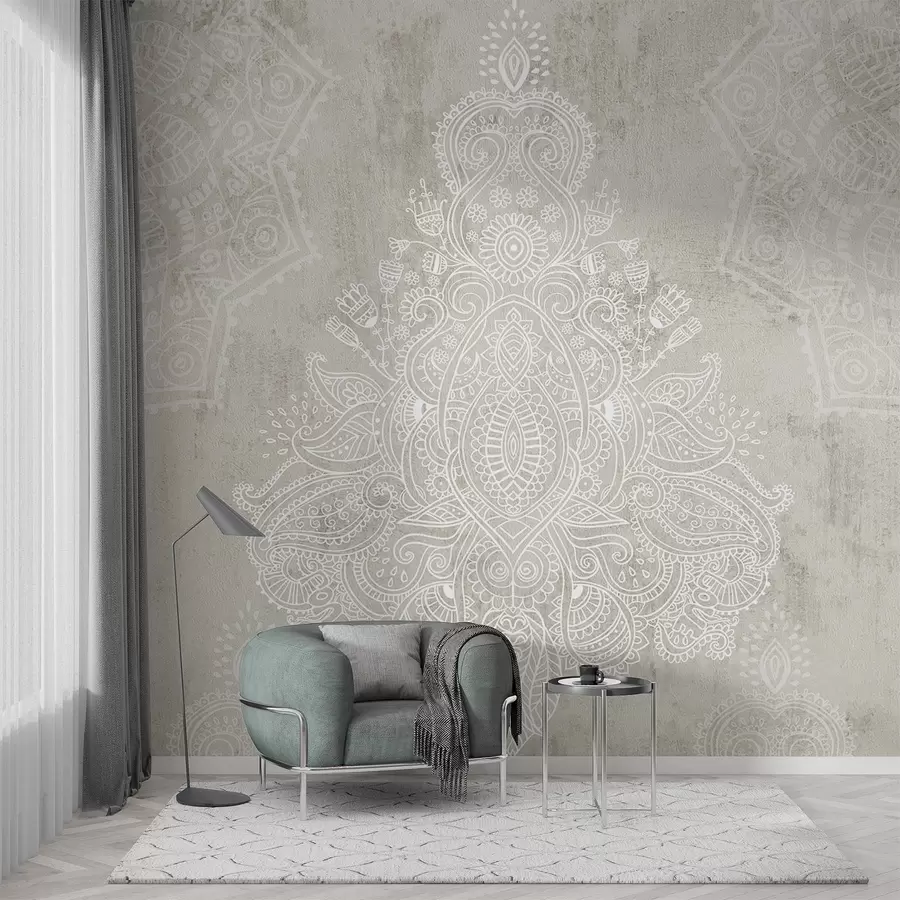 Fototapet Detailní, složitý potisk bílé krajky mandaly na světle béžovém abstraktním pozadí s texturou w08614