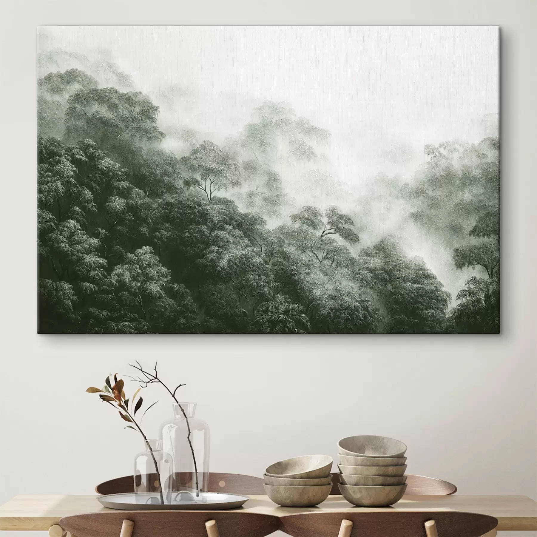 Fototapet Tropický les v mlze, palmy, zelené barvy s42371