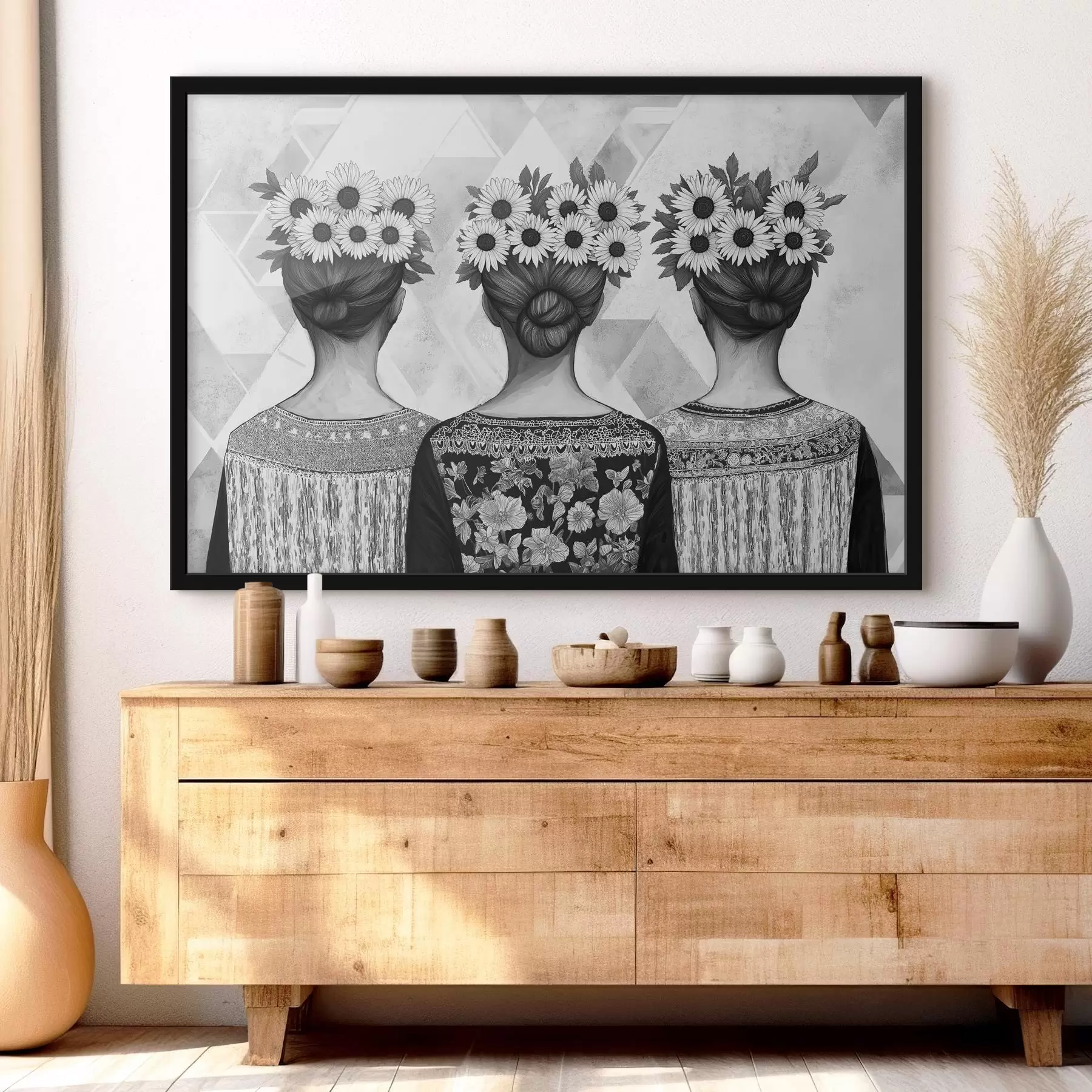 Obraz Tři ženy v etnických šatech, kresba tužkou, slunečnice Č. f42377