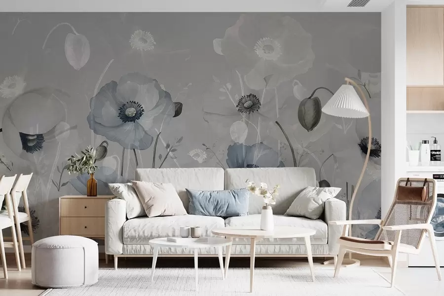 Fototapet Velké modré vlčí máky na šedém akvarelovém pozadí w08626