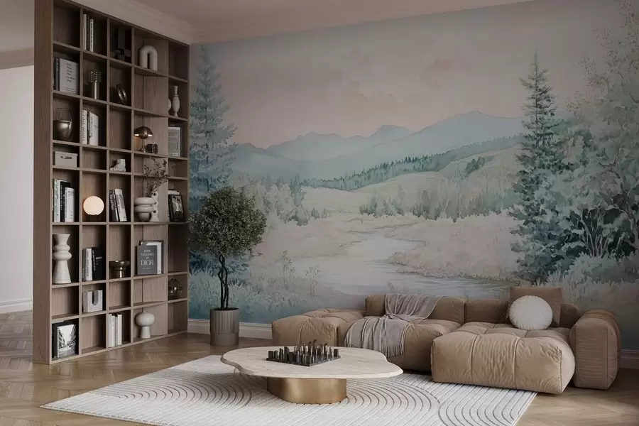 Fototapet krajina ve stylu akvarelu s jedlemi w02689