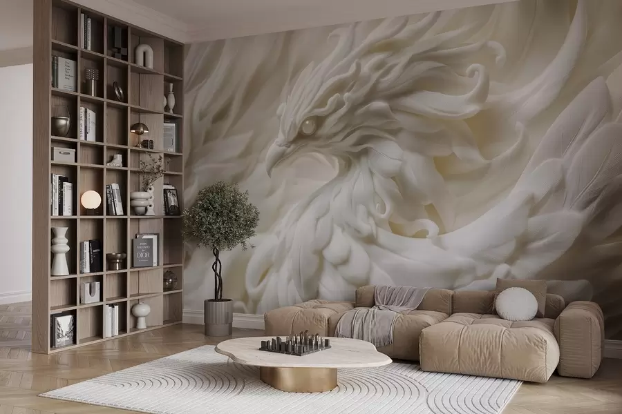 Fototapet Pták s dlouhým peřím ve štukovém stylu v béžových tónech w08629