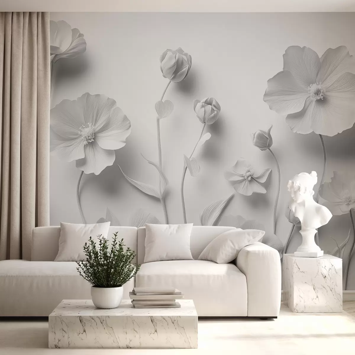 Fototapet Šedé divoké květiny a máky ve štukovém stylu w08630