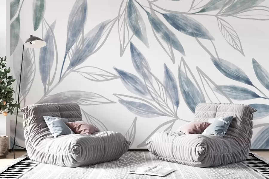 Fototapet Jemné modré a šedé pastelové listy s texturou , které vytvářejí klidnou a minimalistickou botanickou kompozici w08642v1