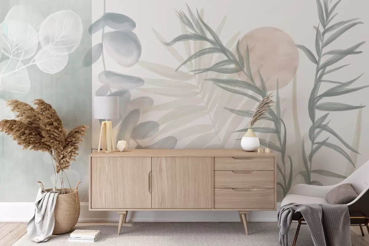 Fototapet Minimalistický abstraktní tisk se stylizovanými listy a eukalipty s jemnými, modrými organickými tvary v tlumených pastelových barvách w08648v1